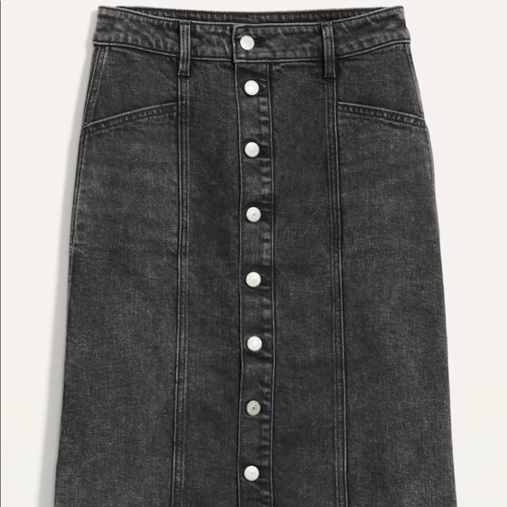 High-Waisted Button-Front Black Jean Midi Skirt